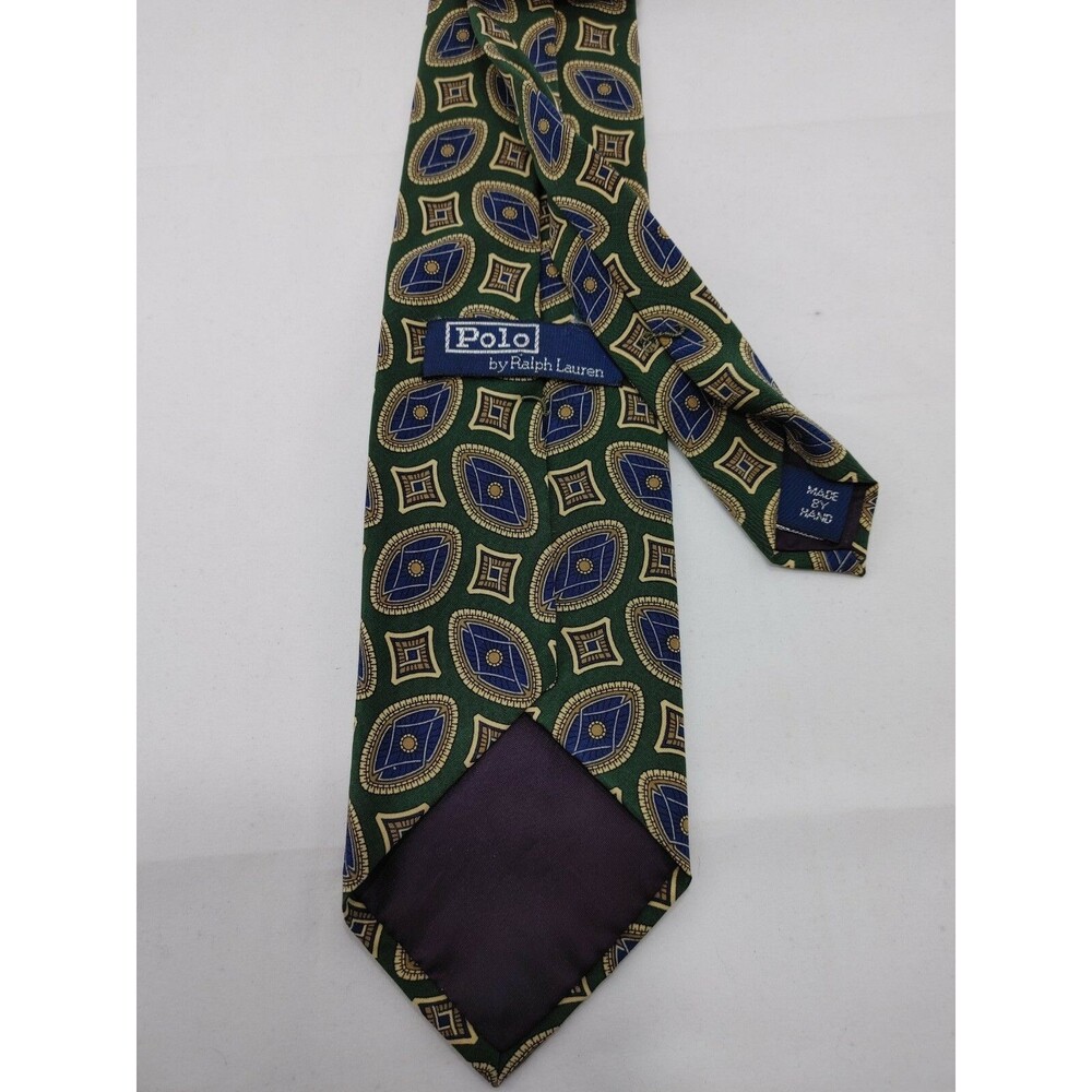 Polo Ralph Lauren Silk Tie Green Blue Medallion Geometric Handmade Italy Classic - Picture 3 of 3